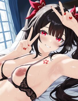 1girl armpits arms_up bed bed_sheet black_bra black_hair blush bow bra breasts chest_tattoo collarbone commentary cupless_bra curtains day double-parted_bangs english_commentary eyelashes fingernails flower_tattoo grin hair_bow hair_intakes hair_spread_out headboard highres honkai:_star_rail honkai_(series) indoors lace lace_bra large_breasts lewd_chan long_hair looking_at_viewer lying nail_polish nipples no_shirt on_back on_bed pillow red_bow red_eyes red_nails smile solo sparkle_(honkai:_star_rail) steam steaming_body sweat tattoo twintails underwear upper_body variant_set window