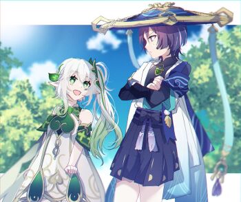 Rule 34 | 1boy, 1girl, armlet, armor, arms at sides, asymmetrical sidelocks, bare shoulders, belt, black belt, black bodysuit, black bow, black bridal gauntlets, black shorts, blue cape, blue hat, blue kimono, blue sky, blue sleeves, blurry, blurry background, bodysuit, border, bow, bridal gauntlets, bright pupils, cape, clenched hand, closed mouth, cloud, cloudy sky, commentary request, covered collarbone, cross-shaped pupils, detached sleeves, dress, eyelashes, eyeliner, furisode, genshin impact, gold, gold trim, green cape, green eyes, green hair, green sleeves, hair between eyes, hair ornament, hakama, hakama shorts, half crown braid, hand on own arm, hat, height difference, highres, japanese armor, japanese clothes, jewelry, jingasa, juban, kimono, kote, kurokote, layered sleeves, leaf, leaf hair ornament, light frown, long hair, looking at another, makeup, mandarin collar, multicolored hair, nahida (genshin impact), open clothes, open kimono, open mouth, outdoors, pleated shorts, pointy ears, purple eyes, purple hair, purple rope, purple sash, red eyeliner, rope, sash, scaramouche (genshin impact), short sleeves, shorts, shoulder peek, side ponytail, sidelocks, sideways mouth, sky, streaked hair, sweatdrop, symbol-shaped pupils, tareme, tassel, tree, tsurime, wanderer (genshin impact), white border, white dress, white hair, white kimono, white pupils, white sleeves, zkym78