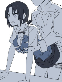 1boy 1girl breasts clothed_sex clothes_lift cowboy_shot grabbing_another&#039;s_breast greyscale groping hetero highres leaning_forward leaning_on_object medium_breasts monochrome onsen_tamago_(hs_egg) open_mouth panties panty_pull pantyhose sex sex_from_behind shirafuji_kyouko shirt short_hair short_sleeves simple_background skirt skirt_lift sweatdrop table underwear vest white_background working!!