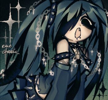 1girl absurdres adapted_costume alternate_eye_color aqua_hair armlet artist_name bare_shoulders belt black_eyes black_necktie chain collar commentary detached_sleeves emo_fashion emocheeto fang flat_chest gothic_punk hair_chain hair_over_one_eye halftone hatsune_miku highres jaggy_lines jewelry looking_at_viewer miniskirt multiple_belts necktie open_mouth pixelated pleated_skirt punk scene_cut shirt skirt sleeveless sleeveless_shirt snakebite_(piercing) solo sparkle spiked_armlet spiked_belt spiked_collar spikes studded_belt symbol-only_commentary thick_eyelashes thick_lineart vocaloid
