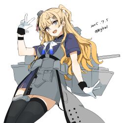 Rule 34 | 1girl, absurdres, adapted turret, apron, bigkwl, black thighhighs, blonde hair, breasts, cannon, dated, grey apron, grey eyes, grey overskirt, hair between eyes, hair ornament, hairclip, highres, kantai collection, large breasts, long hair, long necktie, looking at viewer, machinery, minneapolis (kancolle), pleated skirt, rigging, ship turret, shirt, skirt, smile, solo, thighhighs, two-tone gloves, two side up, wavy hair, white background
