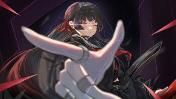 1girl absurdres black_choker black_hair black_jacket black_shirt black_skirt blurry blurry_foreground chisa_(wuthering_waves) choker commentary depth_of_field fingernails hair_ribbon highres holding holding_sword holding_weapon jacket levvimi long_hair looking_at_viewer neckerchief one_eye_closed parted_lips red_eyes red_neckerchief red_ribbon ribbon sailor_collar shirt skirt solo sword upper_body weapon white_sailor_collar wuthering_waves