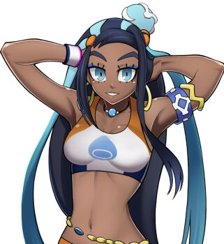 1girl armlet arms_behind_head belly_chain blue_eyes blue_eyeshadow blue_hair breasts cleavage collarbone commentary_request crop_top dark-skinned_female dark_skin dynamax_band earrings eyeshadow hair_bun hair_ornament highres hoop_earrings horikawa_keesuke jewelry long_hair looking_at_viewer makeup medium_breasts midriff multicolored_hair navel necklace nessa_(pokemon) nintendo pokemon pokemon_swsh single_hair_bun swimsuit two-tone_hair very_long_hair