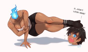 1girl baki_one-hand_push-up_(meme) bare_shoulders black_hair black_shorts black_socks blue_eyes blue_fire blush dark-skinned_female dark_skin disembodied_head dullahan english_text fire full_body highres kivo meme open_mouth original shorts simple_background socks solo tank_top white_background white_tank_top