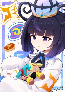 1girl absurdres black_hair blunt_bangs bob_cut canari_plush_(pokemon) character_doll coat doll gen_5_pokemon goom_(goomyparty) gradient_hair gwynn_(pokemon) hat highres holding holding_doll holding_pokemon litwick long_sleeves mega_stone multicolored_hair nintendo pokemon pokemon_(creature) pokemon_legends:_z-a purple_eyes purple_hair short_hair smile twitter_username upper_body white_coat
