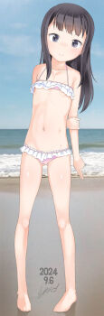 1girl absurdres arm_behind_back bare_arms bare_legs bare_shoulders barefoot beach bikini black_hair blue_sky blush closed_mouth cloud collarbone dated day frilled_bikini frills full_body grey_eyes hand_on_own_elbow highres horizon loli long_hair micro_bikini navel ocean original outdoors pink_bikini sand signature sky smile solo standing swimsuit water yone_kinji