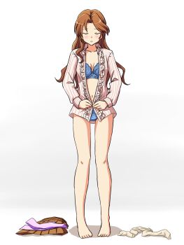Rule 34 | 1girl, barefoot, blue bra, blue panties, blush, bra, breasts, brown hair, closed eyes, collared shirt, commentary request, crotch seam, facing viewer, frilled shirt, frills, frown, full body, highres, idolmaster, idolmaster cinderella girls, kawashima mizuki, lielos, long hair, long sleeves, medium breasts, navel, no pants, open clothes, open shirt, panties, pantyhose, parted lips, partial commentary, partially unbuttoned, shadow, shirt, skirt, solo, standing, striped clothes, striped shirt, unbuttoning, underwear, undressing, unworn pantyhose, unworn skirt, vertical-striped clothes, vertical-striped shirt, white background