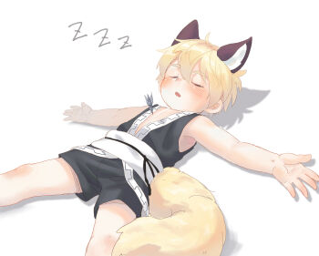 1boy animal_ears blonde_hair blush bokustar_fox dart fox_boy fox_ears fox_tail highres japanese_clothes lying male_focus on_back on_ground original simple_background sleeping solo syringe tail tranquilizer_dart white_background zzz