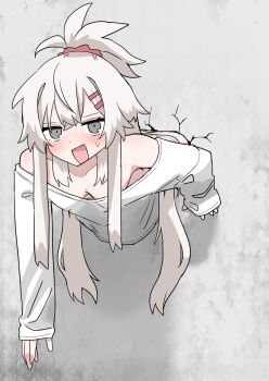 1girl :d bare_shoulders blush breasts crack cracked_wall downblouse grey_eyes grey_hair hair_between_eyes hair_ornament hair_scrunchie hairclip highres long_hair long_sleeves looking_at_viewer no_bra oboroge_faint off_shoulder open_mouth original ponytail scrunchie shirt sleeves_past_wrists small_breasts smile solo stuck sweat through_wall very_long_hair white_hair white_shirt