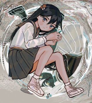 Rule 34 | 1girl, ankle socks, black hair, black sailor collar, black skirt, blouse, closed mouth, cross-laced shoes, film grain, full body, glitch, hair between eyes, hands up, high tops, inverted colors, io (onisarashi), long hair, long sleeves, looking at viewer, midriff peek, multiple views, mushroom, mushroom on head, pleated skirt, rotational symmetry, sailor collar, school uniform, serafuku, shimeji simulation, shirt, shoelaces, shoes, skirt, sneakers, socks, straight hair, tsukishima shijima, white shirt, white shoes, white socks