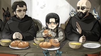 3boys aged_down bald beard bird black_hair blue_jay bowl bread chicken commentary crying crying_with_eyes_open diva_(hyxpk) dobermann dog eating english_commentary facial_hair father_(diva) feathers food grey_shirt hat highres little_nuns_(diva) male_focus mouse_(animal) multiple_boys no_eyewear plate priest round_eyewear shirt sunglasses tears unworn_hat unworn_headwear