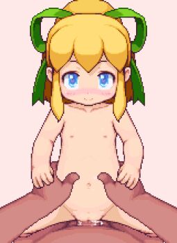 1girl animated animated_gif blonde_hair blue_eyes blush capcom cum flat_chest hair_ribbon happy_sex heart heart-shaped_pupils hetero jaggy_lines loli looking_at_viewer lowres mega_man_(classic) mega_man_(series) nude penis pixel_art pov pussy ribbon roll_(mega_man) sb_(coco1) sex smile symbol-shaped_pupils uncensored vaginal