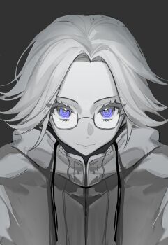 1boy absurdres aotsuki_eito chinese_commentary chunjinran000 commentary drawstring glasses greyscale highres jacket looking_at_viewer male_focus monochrome purple_eyes short_hair simple_background solo spot_color straight-on the_hundred_line_-last_defense_academy- upper_body upturned_eyes variant_set