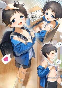 1boy :d ahoge backpack bag bandaid bandaid_on_leg black_bag black_hair black_shorts blue_eyes blue_jacket closed_eyes cocolo_(co_co_lo) commentary_request gauze gauze_on_leg heart highres jacket measuring musical_note navel nipple_slip nipples open_clothes open_jacket open_mouth original randoseru short_hair short_shorts shorts shota sitting smile socks speech_bubble spoken_heart spoken_musical_note tank_top tape_measure very_short_hair white_socks white_tank_top