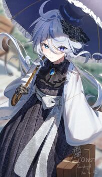 1girl absurdres bag black_dress black_kimono blue_eyes blue_hair brown_bag closed_mouth commentary_request dress furina_(genshin_impact) genshin_impact hair_between_eyes heterochromia highres holding holding_bag holding_umbrella imasaki_kei jacket japanese_clothes kimono long_hair long_sleeves looking_at_viewer multicolored_hair oil-paper_umbrella smile solo umbrella white_hair white_jacket