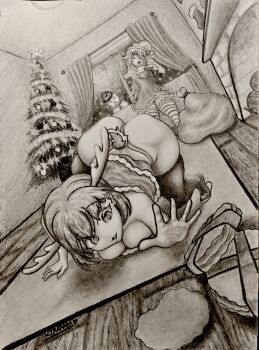 absurdres ass breasts christmas christmas_lights christmas_ornaments christmas_present christmas_tree dress flashing gift graphite_(medium) hat highres huge_ass large_breasts large_penis merry_christmas non-web_source penis reaching santa_hat shading surprised thick_thighs thighs traditional_media wide_hips winter