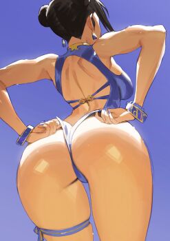 1girl adjusting_clothes adjusting_swimsuit alternate_costume ass ass_focus back_cutout bare_shoulders black_hair blue_background blue_nails blue_one-piece_swimsuit bracelet breasts capcom chilicayenne2d chun-li clothes_lift clothing_cutout commentary cowboy_shot curvy double_bun earrings english_commentary from_behind from_below gradient_hair hair_bun highleg highleg_one-piece_swimsuit highres huge_ass jewelry medium_breasts multicolored_hair nail_polish official_alternate_costume one-piece_swimsuit shiny_skin skindentation solo street_fighter street_fighter_6 swimsuit thigh_strap thighs wedgie wide_hips