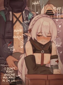 1boy 1girl absurdres anus arknights bar_censor black_pantyhose blush braid breasts censored commentary cross cross_earrings cross_hair_ornament crown_braid doctor_(arknights) doggystyle earrings english_commentary english_text floating_earrings hair_ornament hetero highres jewelry male_doctor_(arknights) male_pubic_hair nipples one_eye_closed pantyhose penis plap pointy_ears pubic_hair red_eyes sex sex_from_behind small_breasts turnip_eh vaginal warfarin_(arknights) white_hair