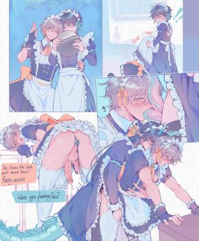 2boys alternate_costume animal_penis apron bent_over black_dress black_thighhighs blush butt_plug caelus_(honkai:_star_rail) closed_mouth crispyfrites crossdressing crossdressing_(mtf) dan_heng_(honkai:_star_rail) dan_heng_(imbibitor_lunae)_(honkai:_star_rail) dragon_tail dress erection extra_penises fellatio grey_hair hand_up highres honkai:_star_rail honkai_(series) horns jewel_butt_plug kneeling maid maid_apron maid_headdress male_focus multiple_boys oral orange_hair pectorals penis pinafore_dress precum sex sex_from_behind sex_toy short_hair sleeveless sleeveless_dress standing standing_sex stealth_fellatio stealth_sex tail testicles thighhighs trailblazer_(honkai:_star_rail) uncensored white_apron white_thighhighs yaoi