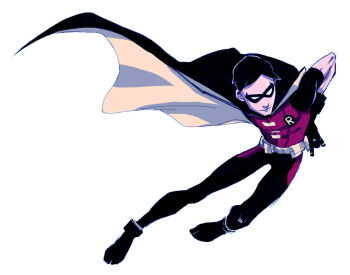 1boy batman_(series) belt black_hair cape dc_comics dick_grayson domino_mask eye_mask fighting_stance full_body jika-tabi male_focus mask robin_(dc) smoke_bomb solo split-toe_footwear superhero_costume tim_drake utility_belt young_justice young_justice:_invasion