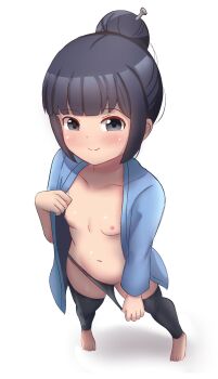 1girl barefoot black_hair black_leggings black_panties blue_kimono blush breasts closed_mouth clothes_pull detached_leggings dot_nose female_focus from_above grey_eyes hair_bun hand_up japanese_clothes kimono kunoichi_tsubaki_no_mune_no_uchi leggings loli long_sleeves looking_at_viewer looking_up mokuren_(kunoichi_tsubaki_no_mune_no_uchi) naughty_face nipples no_bra open_clothes open_kimono panties panty_pull pantyhose presenting_own_body pulling_another's_clothes short_hair short_kimono simple_background single_hair_bun small_breasts smile smug solo toes underwear white_background yami_45612