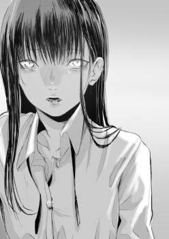 1girl collarbone collared_shirt fatal_frame fatal_frame:_mask_of_the_lunar_eclipse gauss_&lt;bokashi greyscale haibara_ayako lips long_hair looking_at_viewer monochrome open_mouth shirt simple_background solo white_background