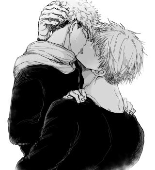 Rule 34 | 2boys, adam's apple, commentary request, eye contact, french kiss, gojou satoru, greyscale, highres, hood, hood down, hooded jacket, itadori yuuji, jacket, jujutsu kaisen, jujutsu tech uniform, kiss, looking at another, male focus, monochrome, multiple boys, nay bb, short hair, simple background, sweat, tongue, undercut, upper body, white background, yaoi