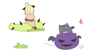 Rule 34 | 1girl, acolyte (ragnarok online), ahoge, animal ears, blonde hair, blunt bangs, brown capelet, brown skirt, capelet, cat ears, cat girl, commentary request, deviling, deviruchi, from behind, full body, grass, iyofika, lowres, ragnarok online, ragnarok origin, red shirt, shirt, short hair, simple background, skirt, slime (creature), solo, white background