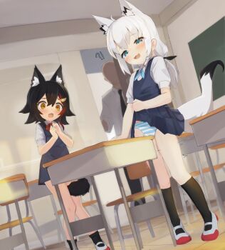 2girls aged_down ahoge animal_ear_fluff animal_ears black_hair black_socks blue_bow blush bow bowtie braid classroom clothes_lift commission crotch_rub desk dress fox_ears fox_girl fox_tail hololive indoors loli long_hair masturbation multicolored_hair multiple_girls ookami_mio open_mouth panties pinafore_dress recklessdraw red_hair school_desk shirakami_fubuki shirt shoes short_sleeves skirt sleeveless sleeveless_dress socks streaked_hair striped_clothes striped_panties table_humping tail underwear virtual_youtuber white_hair white_shirt wolf_ears wolf_girl