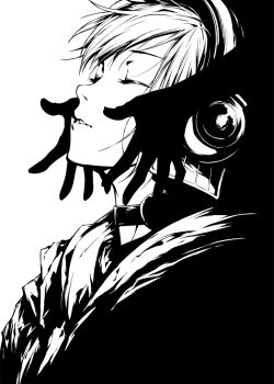 Rule 34 | .hack//, .hack//z.e.r.o., 1boy, 1girl, androgynous, artist request, blending, closed eyes, collar, eyelashes, greyscale, hands on another's cheeks, hands on another's face, headphones, high contrast, monochrome, official art, out of frame, parted lips, second-party source