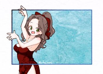 1girl blue_background blush border bow breasts brown_hair commentary_request cowboy_shot dress forehead green_eyes hair_bow jewelry large_breasts long_hair looking_at_viewer necklace olto_rondo open_mouth original outside_border raised_eyebrows red_bow red_dress side_slit smile solo strapless strapless_dress white_border