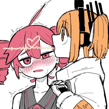 Rule 34 | 2girls, ^^^, a.i. voice, adachi rei, ahoge, android, black shirt, blush, coat, commentary request, drill hair, gomashio lettuce, hair ribbon, half-closed eye, hand on another's shoulder, headphones, highres, kasane teto, kasane teto (utau), long sleeves, mechanical hands, multiple girls, nose blush, one side up, open mouth, orange eyes, orange hair, red eyes, red hair, ribbon, shirt, short hair, simple background, sleeveless, sleeveless shirt, surprised, twin drills, uncommon stimulation, upright ahoge, utau, white background, white coat, yuri