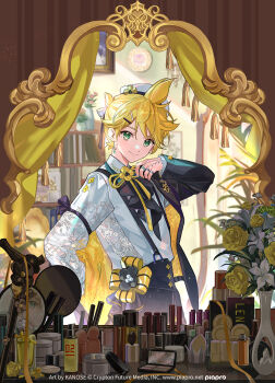 1boy adjusting_collar artist_name ascot beret black_jacket black_pants blonde_hair bolo_tie bookshelf bottle bow cane copyright_logo copyright_name dress_shirt dressing earrings flower green_eyes hair_ornament hairclip hat highres hitokoto indoors jacket jewelry kagamine_len logo makeup mirror pants perfume_bottle piapro_studio putting_on_jacket reflection ring rose shirt smile solo suspenders vocaloid white_shirt yellow_flower yellow_rose