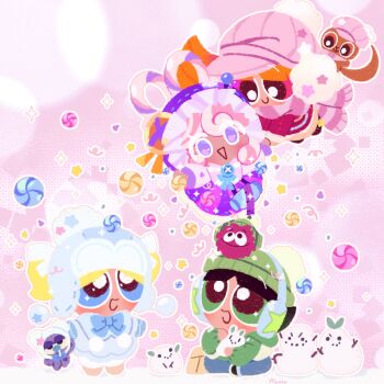 Rule 34 | 4girls, beebo (ppg), black hair, blonde hair, blossom cookie, blossom cookie (sweet crispy winter break), blue eyes, bubbles cookie, bubbles cookie (tart crispy winter break), bullet (ppg), buttercup cookie, buttercup cookie (nutty crispy winter break), commentary request, cookie run, earmuffs, green eyes, hat, highres, lollipop cookie, lollipop cookie (attic's little stitcher), multiple girls, octi, orange hair, powerpuff girls, short hair, short twintails, snowman, thai commentary, twintails, winter clothes, yummybunny777