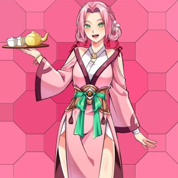 1girl aliasing alternate_hairstyle bracelet braid clothing_cutout commentary cowboy_shot cup dress english_commentary green_eyes green_ribbon hair_ribbon haruno_sakura heyreza.art highres holding holding_tray jewelry naruto_(series) naruto_shippuuden open_mouth pink_dress pink_hair ribbon shoulder_cutout side_slit smile solo teacup teapot tray wide_sleeves