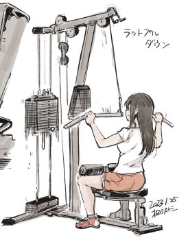 1girl akagi_(kancolle) alternate_costume artist_name brown_hair commentary_request dated exercising exercise_machine highres kantai_collection kirisawa_juuzou long_hair orange_shorts shirt shorts sitting solo t-shirt white_shirt