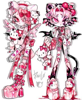 2boys amatou_akuma angel_wings animal_ears arm_belt arm_strap asymmetrical_clothes back_bow bag bandaged_arm bandaged_leg bandaged_wrist bandages bandaid bandaid_on_face bandaid_on_knee bandaid_on_leg bandaid_on_nose bandaid_on_thigh bandaid_on_wing bat_wings belt black_eyes black_nails black_socks black_wings blood blood_drip blood_on_ears blood_on_face blood_on_shoes blood_on_toy boots bow cat_ears character_backpack character_bag character_doll character_hair_ornament character_print character_sticker collar crop_top demon_boy demon_tail demon_wings detached_wings doll dripping ear_piercing earrings facial_mark fake_animal_ears feathered_wings fire_tattoo fishnets flame_tattoo frilled_collar frilled_headwear frilled_leotard frilled_thigh_strap frills full_body garter_straps hair_bow hair_ornament hair_over_one_eye hat heart heart_print hello_kitty heterochromia highres holding holding_bag holding_stuffed_toy injury jewelry knee_boots kneehighs knife leotard long_sleeves looking_at_viewer maid_headdress male_focus midriff mini_wings multiple_boys nail_polish nurse_cap original parted_bangs patch piercing pink_arm_strap pink_belt pink_boots pink_bow pink_buckle pink_eyes pink_hair pink_leotard pink_shirt pink_shoes pink_sneakers pink_theme pink_thigh_strap pink_veins pink_wings platform_boots platform_shoes platform_sneakers red_belt red_bow red_eyes red_nails red_straps red_trim ribbon sanrio shirt shoes short_hair shorts simple_background single_pantsleg sneakers socks spiked_ear_piercing standing sticker stuffed_animal stuffed_cat stuffed_toy tail tail_ornament thigh_belt thigh_strap trap uneven_eyes veins white_background white_cap white_hat white_headdress wings