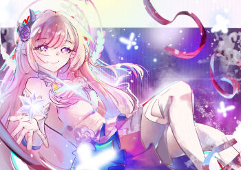 Rule 34 | 1girl, absurdres, breasts, bug, butterfly, commentary, crystal flower, cyrene (demiurge) (honkai: star rail), cyrene (honkai: star rail), dress, english commentary, halo, highres, honkai: star rail, honkai (series), insect, large breasts, long hair, looking at viewer, mimiiosa, pink hair, pointy ears, purple eyes, sky, smile, solo, star (sky), starry sky, very long hair, white dress