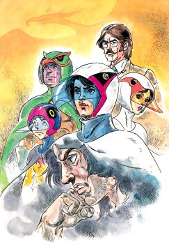 1970s_(style) 1girl 5boys bodysuit cape gatchaman glasses helmet highres jinpei_the_swallow joe_the_condor jun_the_swan ken_the_eagle lipstick looking_at_viewer makeup miyamoto_sadao multiple_boys nanbu_kouzaburou official_art oldschool retro_artstyle ryu_the_owl scan shaded_face skirt tatsunoko_production teamwork upper_body