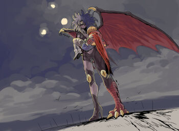 1boy 1other black_shirt brown_hair claws closed_mouth demon_wings full_body giant giantess high_heels jacket long_sleeves moiko multicolored_hair outdoors red_jacket shirt size_difference split-color_hair standing tall third_eye twitter_username white_footwear wings yu-gi-oh! yu-gi-oh!_gx yubel yuki_judai