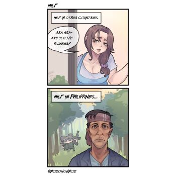 1boy 2girls apron ara_ara artist_self-insert bandana blue_shirt breasts brown_eyes brown_hair double_bun english_text gun hair_bun highres jungle large_breasts long_hair mature_female mole mole_under_mouth multiple_girls nature noone original ponytail rifle shirt sunglasses thousand_yard_stare tree weapon