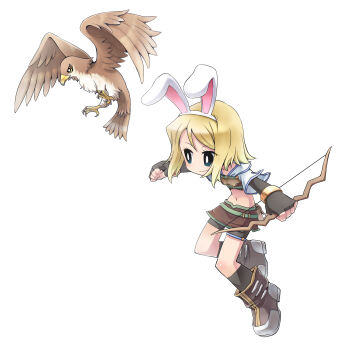 1girl animal_ears bird black_gloves black_shorts black_socks blonde_hair boots bow_(weapon) breasts bright_pupils brown_boots brown_shirt brown_skirt closed_mouth commentary_request crop_top cropped_jacket elbow_gloves fake_animal_ears falcon fingerless_gloves full_body gloves green_eyes highres holding holding_bow_(weapon) holding_weapon hunter_(ragnarok_online) jacket midriff miniskirt navel rabbit_ears ragnarok_online shirt short_hair short_shorts short_sleeves shorts shorts_under_skirt simple_background skirt small_breasts smile socks solo weapon white_background white_jacket white_pupils yuru4u