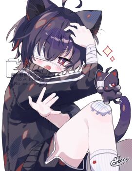 +_+ 1girl ahoge animal animal_ears bandaged_arm bandages bandaid bandaid_on_knee bandaid_on_leg black_cat black_jacket blush_stickers cat cat_ears cat_girl cat_tail commentary commission cotono_(nazekun) dot_nose eyepatch fang feet_out_of_frame hair_between_eyes hair_intakes hands_up highres jacket long_sleeves looking_at_viewer medical_eyepatch mole mole_under_eye open_mouth original purple_eyes ribbed_socks signature simple_background sitting skeb_commission socks solo sparkle striped_sleeves tail track_jacket watermark white_background white_socks
