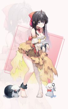 1girl 46_coffee ball_and_chain_restraint black_hair blue_eyes bow bowtie braid breasts brown_collar cleavage closed_mouth collar commentary cuffs detached_collar detached_sleeves dress frilled_collar frills full_body haedungi_(shirayuki_hina) hair_ribbon highres key large_breasts long_hair red_bow red_bowtie red_ribbon ribbon see-through_clothes see-through_sleeves shackles shirayuki_hina single_bare_foot single_thighhigh skirt stellive strapless strapless_dress thighhighs tiara torn_clothes torn_skirt torn_sleeves torn_thighhighs virtual_youtuber white_thighhighs yellow_dress yellow_skirt