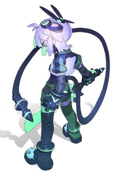 1girl cable cheri_zao cropped_jacket from_behind full_body green_eyes grey_hair highres holding holding_sword holding_weapon jacket looking_at_viewer looking_back mega_man_(series) mega_man_zero_(series) mega_man_zero_3 midoriko_(cheri_zao) omega_(mega_man) original robot_girl short_hair simple_background solo standing sword weapon white_background white_jacket