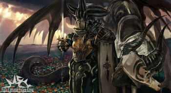 Rule 34 | 1other, armor, commentary request, cowboy shot, dragon, dragon horns, dragon tail, field, flower, flower field, full armor, holding, holding sword, holding weapon, horns, knight, mtz, original, pixiv fantasia, pixiv fantasia fallen kings, striped hood, sword, tail, weapon