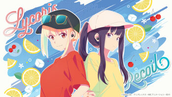 2girls alternate_hairstyle baseball_cap black_hair blonde_hair blue_background cherry closed_mouth copyright_name cube earphones earpiece eyewear_on_head eyewear_on_headwear food fruit hat highres ice ice_cube inoue_takina lemon lemon_slice long_hair looking_at_viewer lycoris_recoil multiple_girls nishikigi_chisato official_art ponytail purple_eyes red_eyes red_shirt shirt short_hair short_sleeves sidelocks smile sunglasses upper_body yellow_shirt