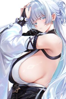 1girl bad_id bad_twitter_id bare_shoulders blue_eyes blunt_bangs blush breasts bridal_gauntlets commentary earrings from_side goddess_of_victory:_nikke has_bad_revision has_cropped_revision highres jewelry large_breasts long_hair looking_at_viewer looking_to_the_side mechanical_arms mechanical_hands nayuta_(nikke) parted_lips re0n sideboob simple_background single_mechanical_arm single_mechanical_hand solo upper_body white_background white_hair