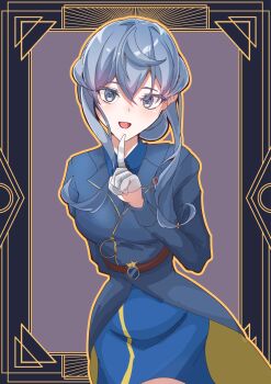 1girl absurdres akatsuki_hikaru black_background blue_eyes blue_hair blue_skirt blush breasts cowboy_shot gloves gotland_(kancolle) hair_between_eyes hair_bun half_gloves highres kantai_collection long_hair long_sleeves looking_at_viewer military_uniform mole mole_under_eye ponytail single_hair_bun skirt smile solo white_gloves