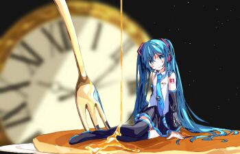 analog_clock bare_shoulders black_boots black_skirt blue_eyes blue_hair blue_necktie blurry blurry_background boots clock closed_mouth commentary detached_sleeves food fork hatsune_miku kannpoyu long_hair long_sleeves looking_at_viewer mini_person minigirl miniskirt necktie on_food pancake shirt sitting skirt sleeveless sleeveless_shirt smile syrup thigh_boots very_long_hair vocaloid white_shirt